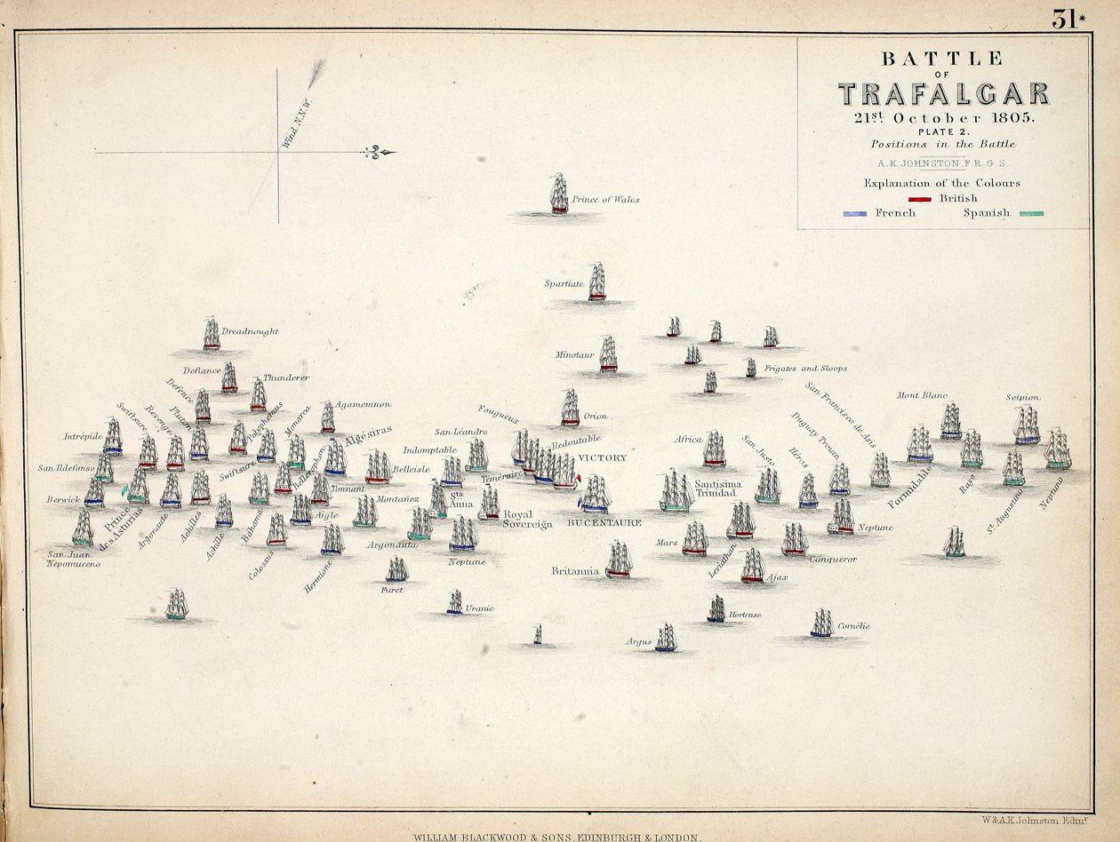 Carte de la bataille de Trafalgar, publiée par William Blackwood and Sons, Édimbourg et Londres, 1848 - Alexander Keith Johnston