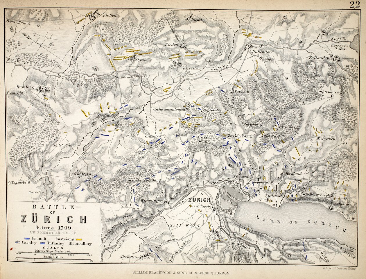 Carte de la bataille de Zurich, publiée par William Blackwood et Sons, Édimbourg et Londres, 1848 - Alexander Keith Johnston