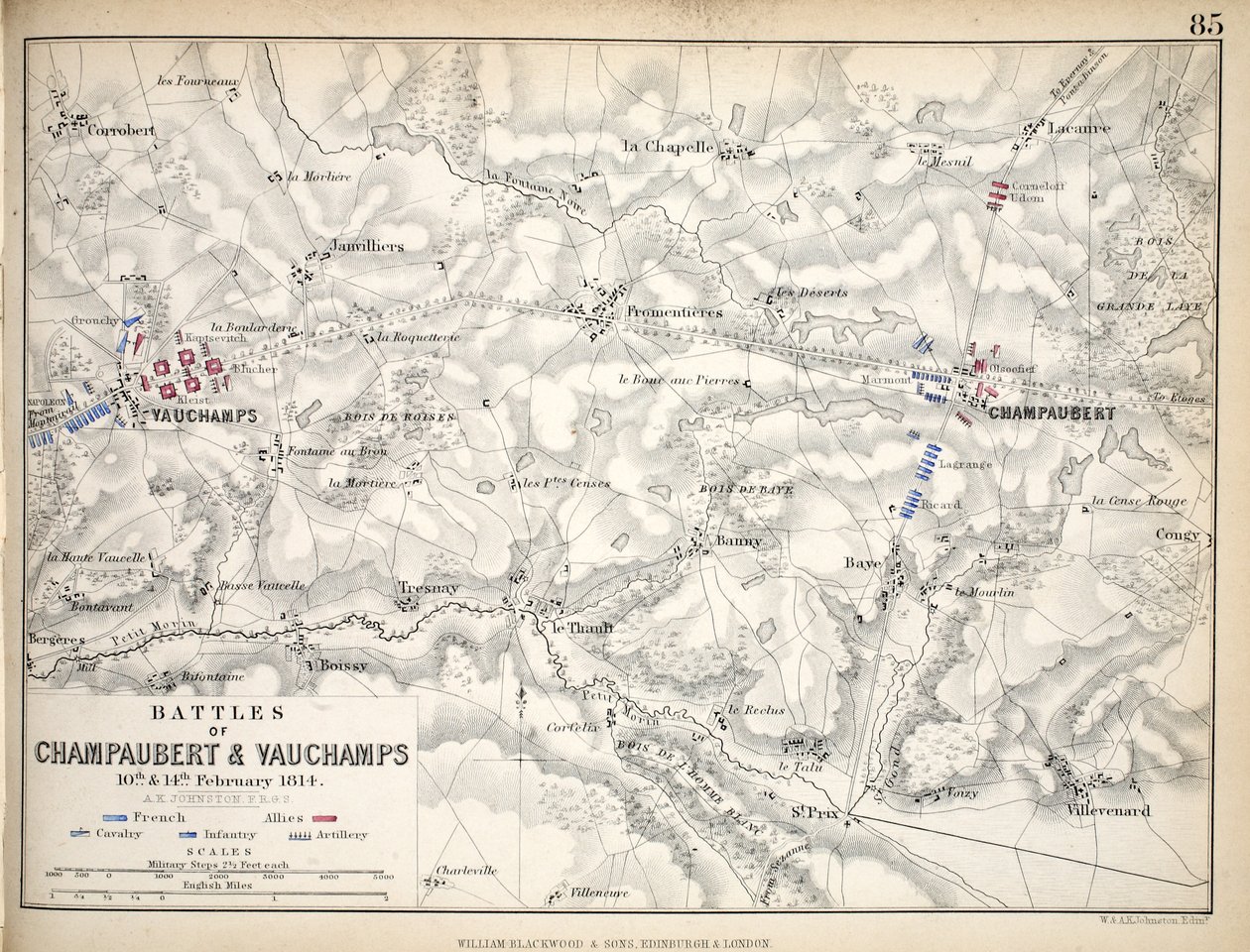 Carte des batailles de Champaubert et Vauchamps, publiée par William Blackwood and Sons, Édimbourg et Londres, 1848 - Alexander Keith Johnston