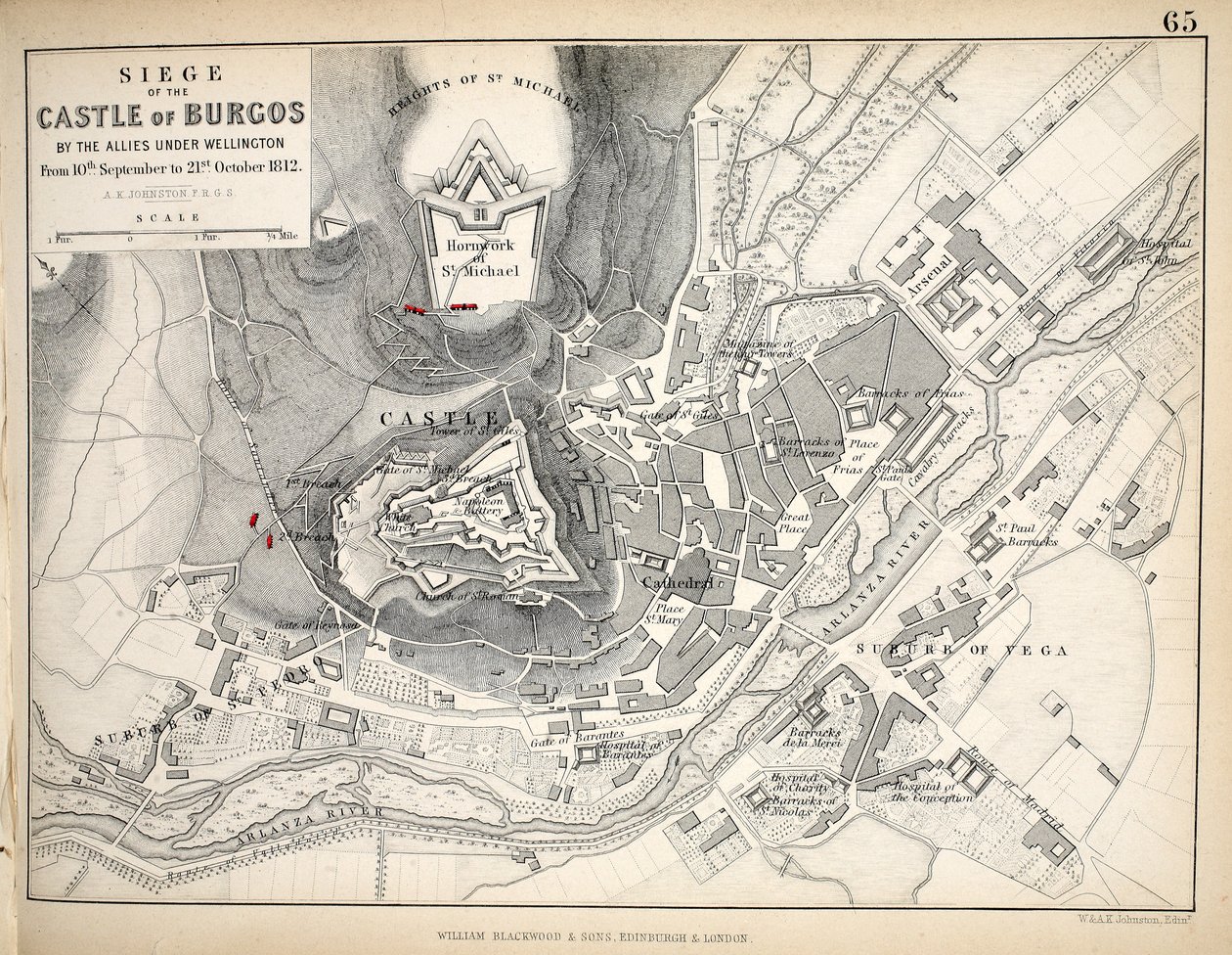Carte du siège du château de Burgos, publiée par William Blackwood and Sons, Édimbourg et Londres, 1848 - Alexander Keith Johnston