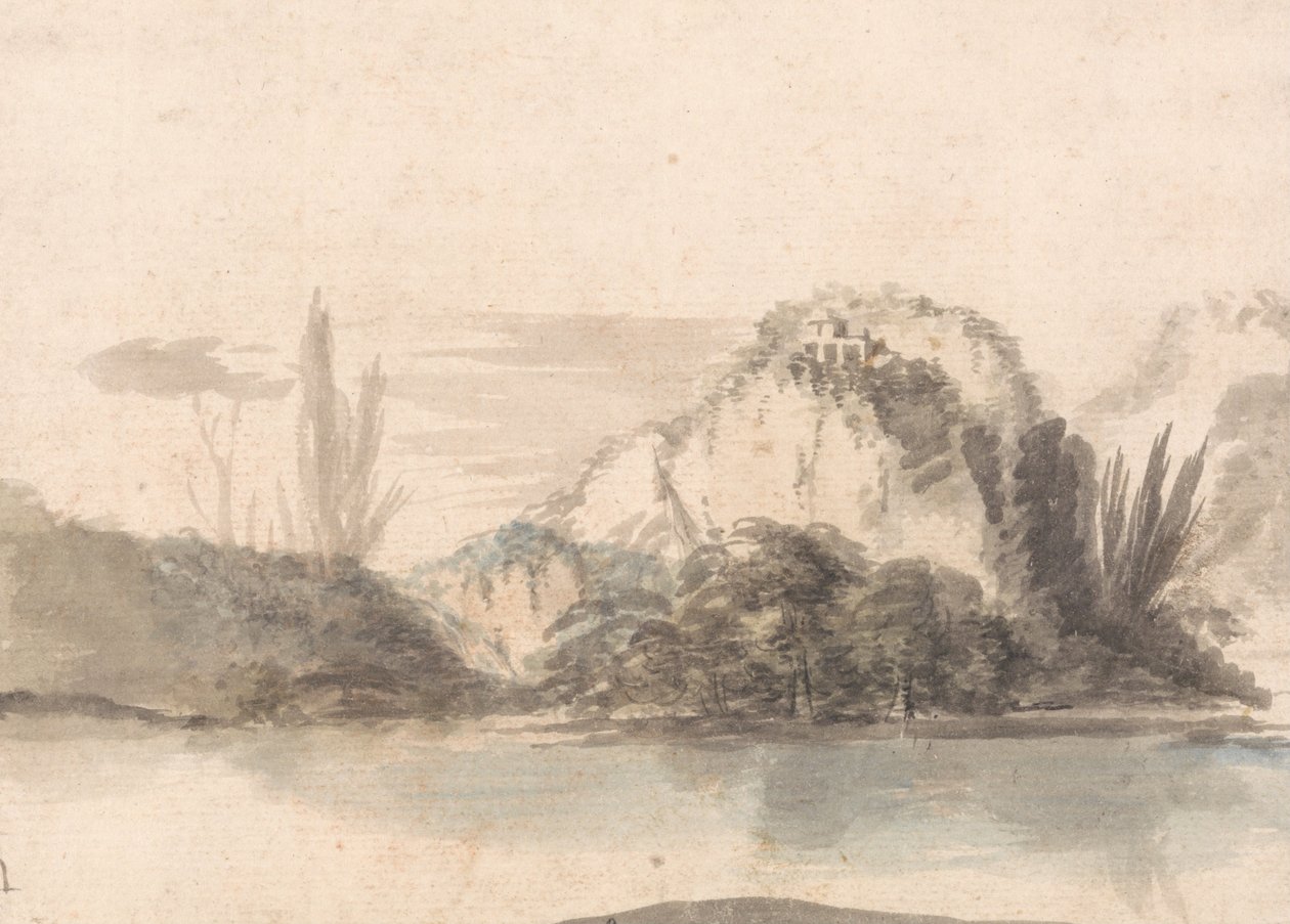 Un temple perché sur un éperon rocheux vu à travers un lac - Alexander Runciman