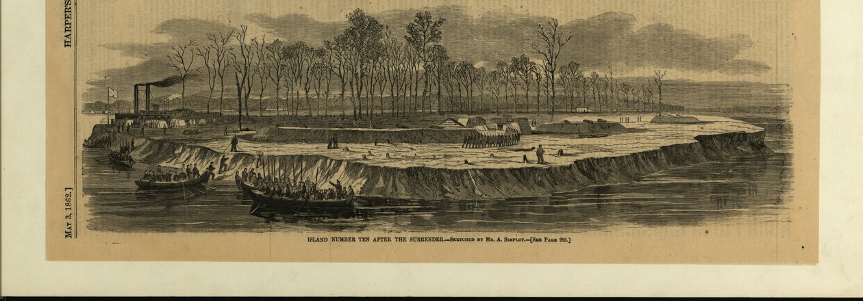 Impression de plusieurs barques pleines de soldats débarquant sur une île fluviale. Travaux de terrassement, arbres et formation de troupes sur l