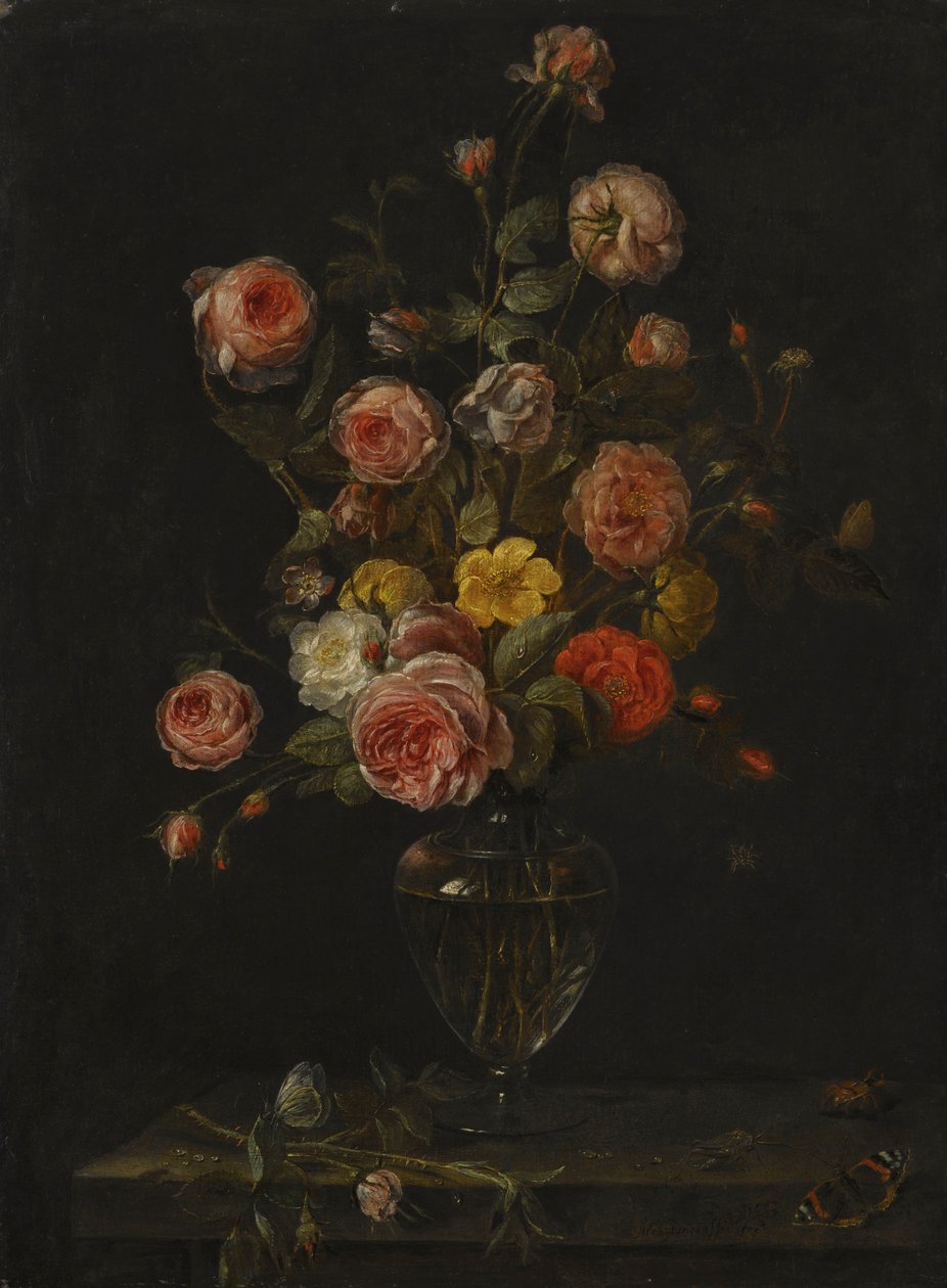 Nature morte avec des roses rouges, blanches et roses dans un vase en verre sur une corniche en pierre avec des papillons, une sauterelle et un scarabée. - Alexander Adriaenssen