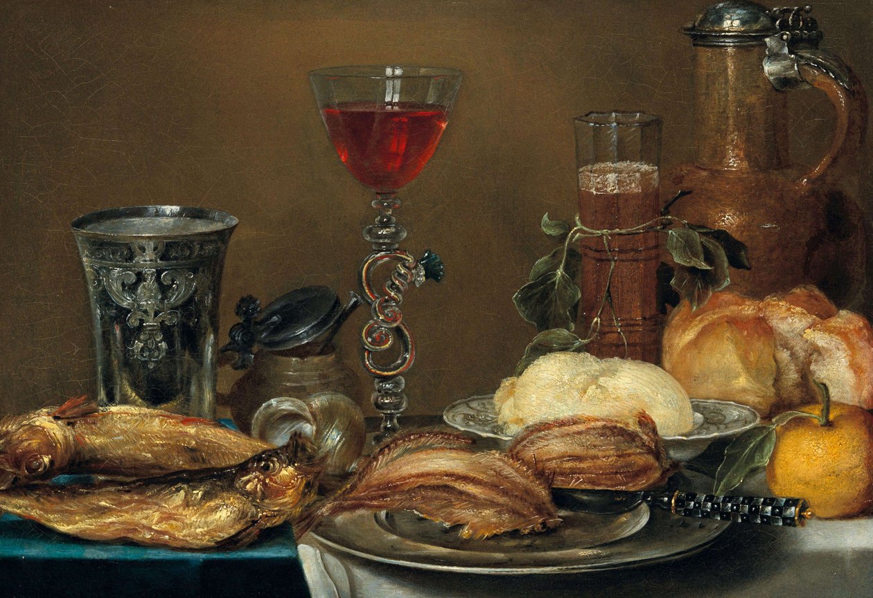 Nature morte de petit déjeuner avec poisson, pain, beurre et citron devant une aiguière, des verres et un gobelet en argent - Alexander Adriaenssen