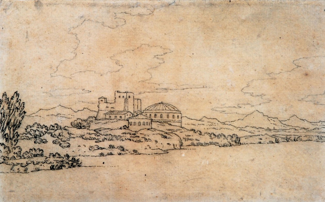Paysage italien avec bâtiment à dôme - Alexander Cozens