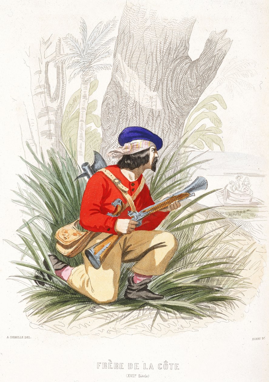 Un pirate se prépare à une embuscade, milieu du 19e siècle (gravure en couleur) - Alexandre (after) Debelle