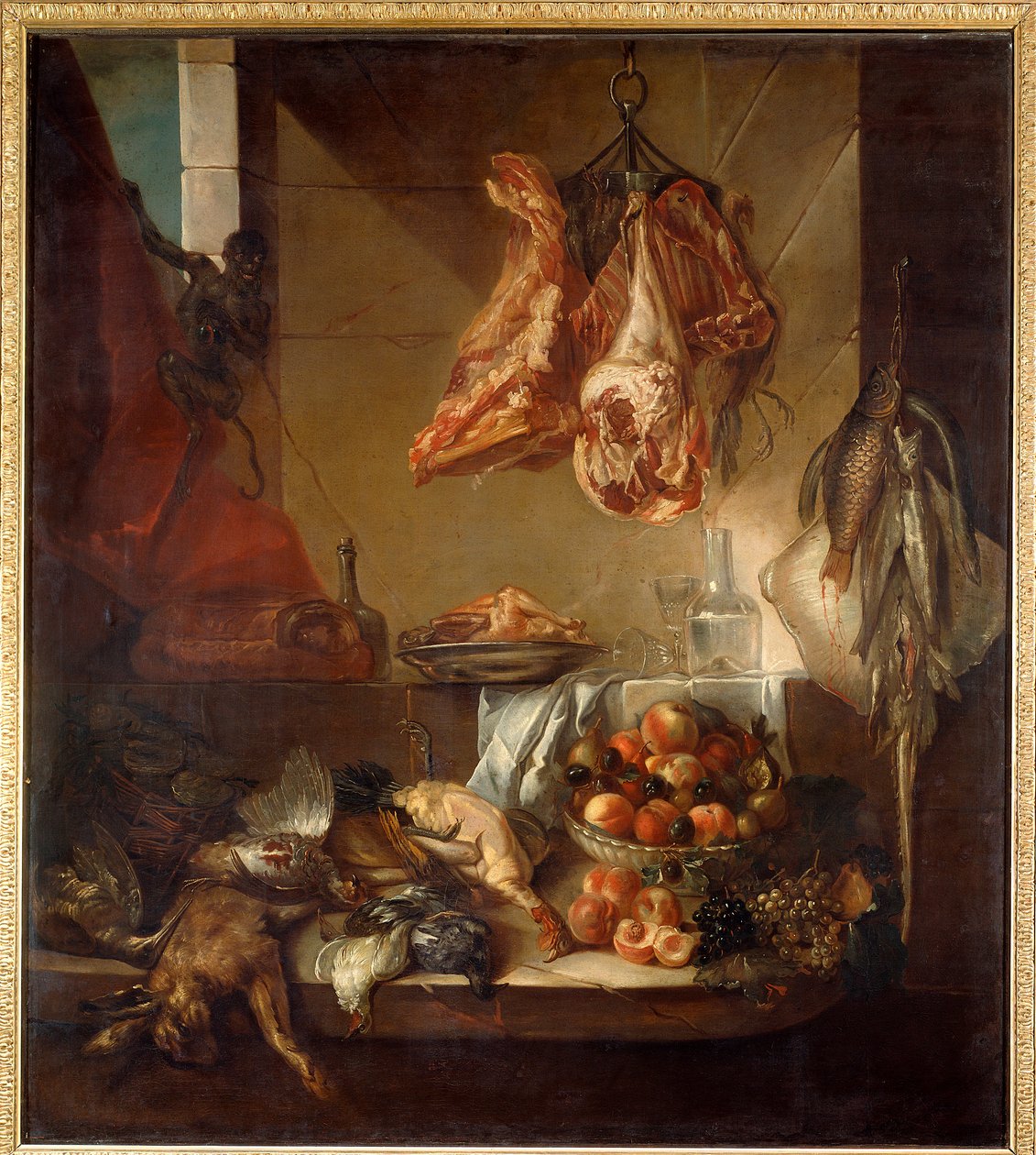 Intérieur de cuisine avec nature morte de gibier, fruits et viande - Alexandre Francois Desportes