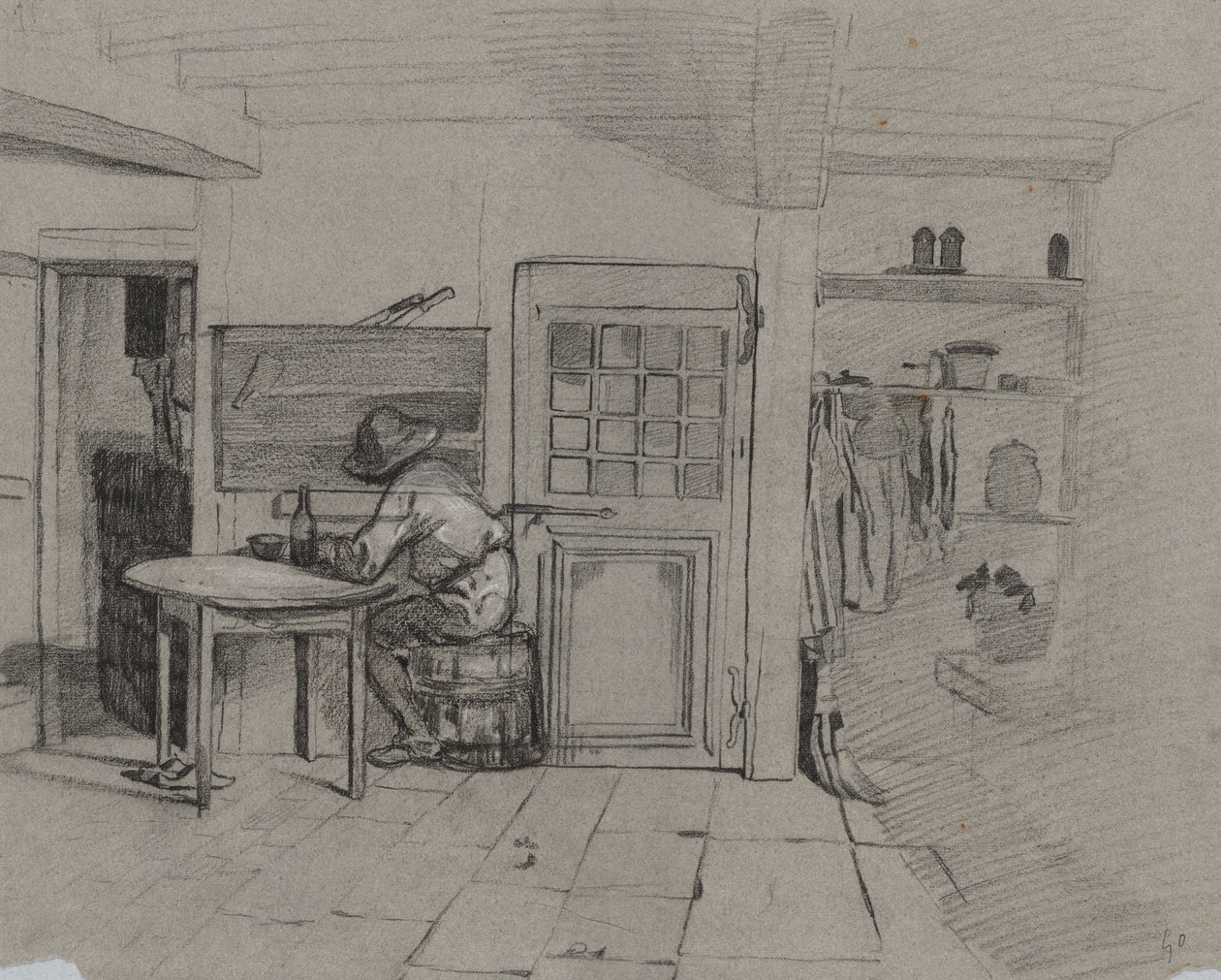 Intérieur de ferme avec un garçon à une table - Alexandre Gabriel Decamps