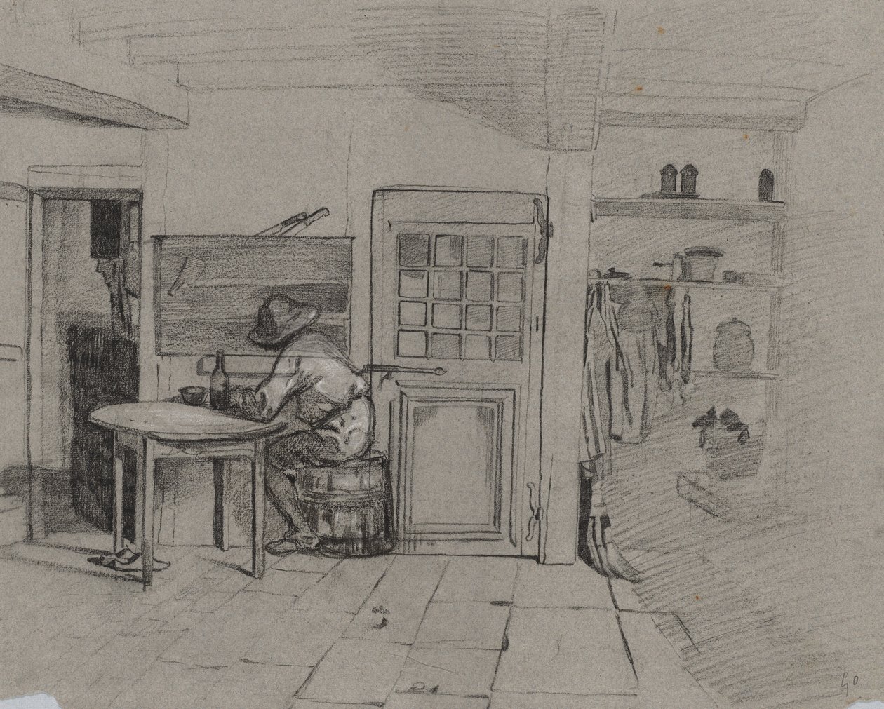Intérieur de ferme avec un garçon à une table - Alexandre Gabriel Decamps