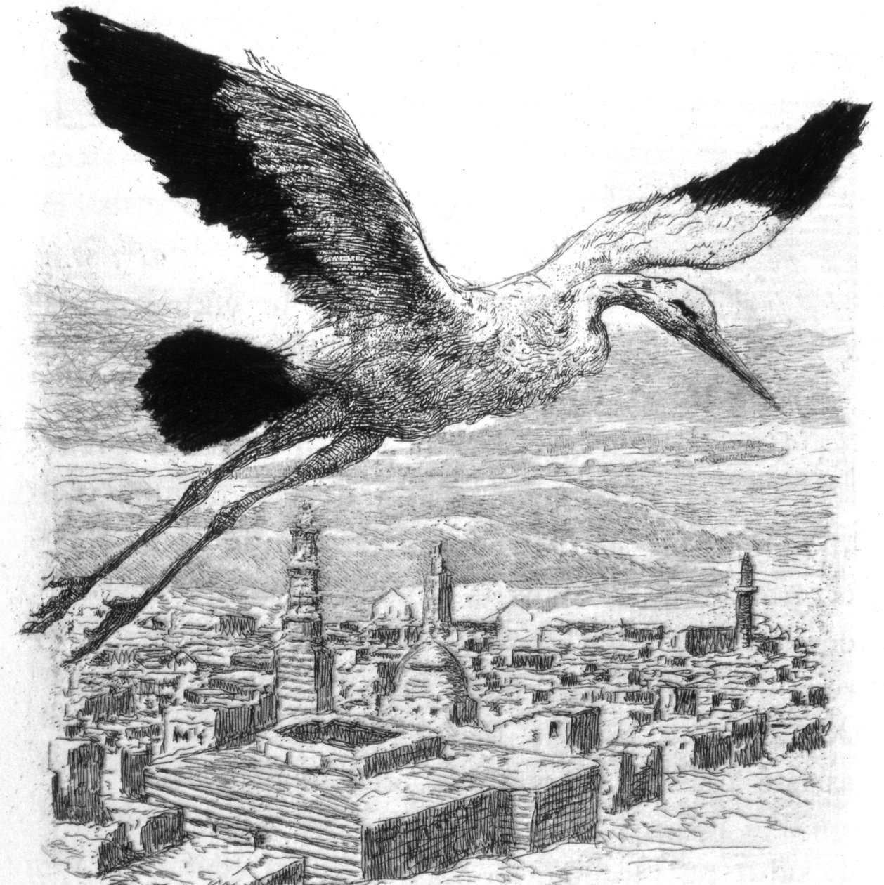Une cigogne survolant un village nord-africain - Alexandre Lunois