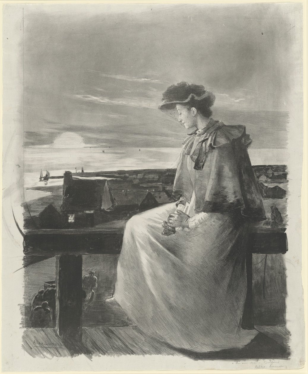 Rêverie : jeune femme assise au bord de la mer - Alexandre Lunois