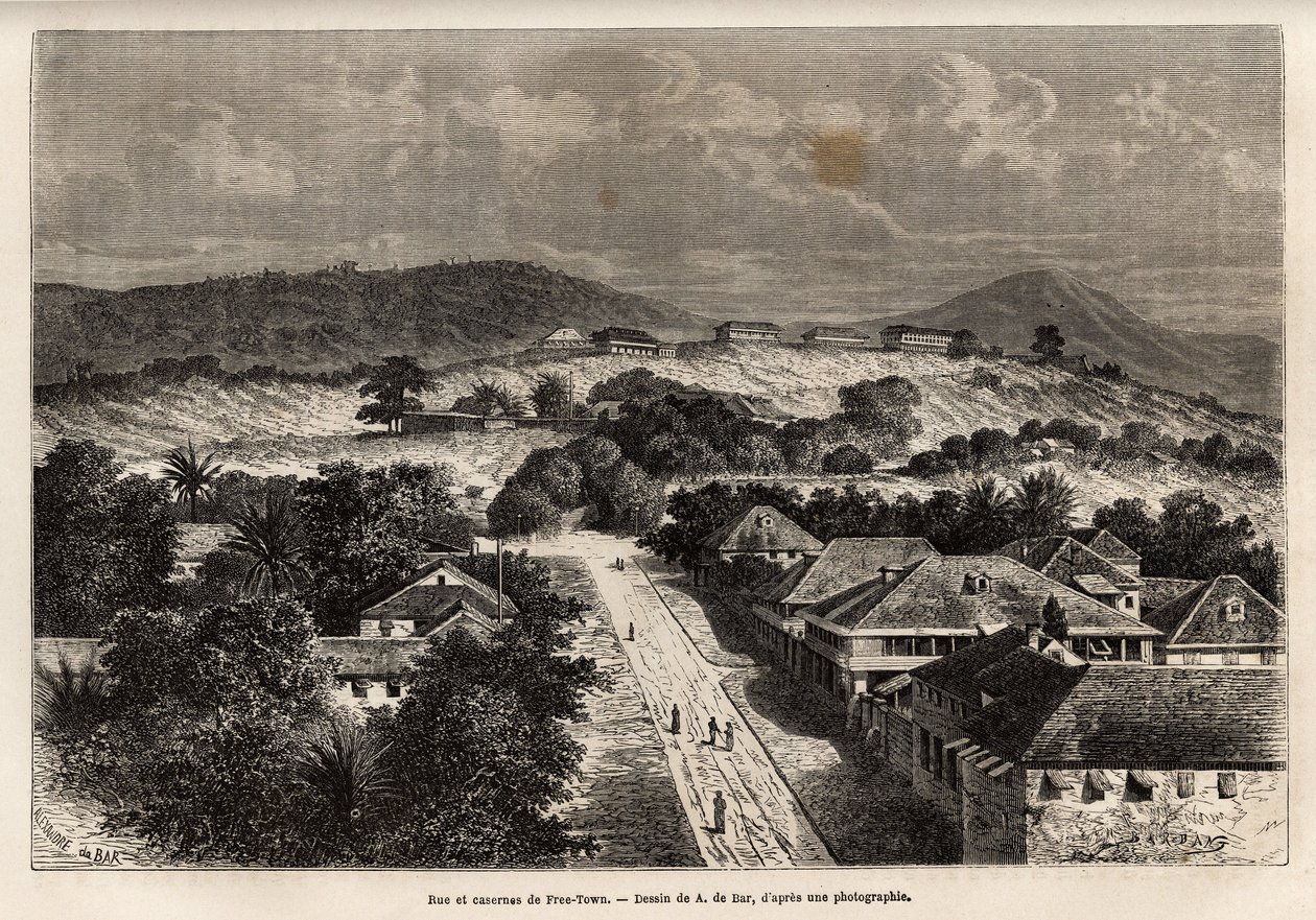 Rue et casernes de Freetown, Sierra Leone, gravure d