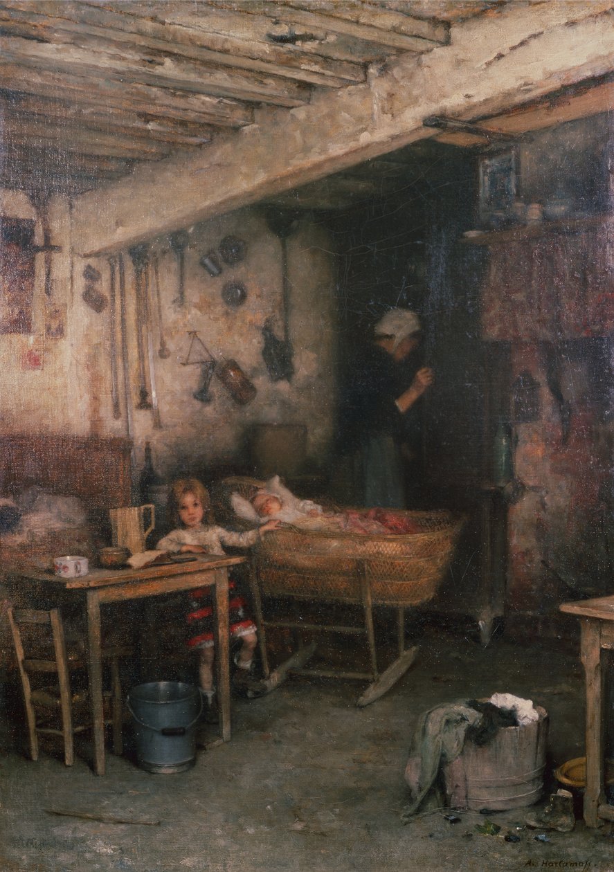 Enfants dans un intérieur de cottage - Alexei Alexevich Harlamoff