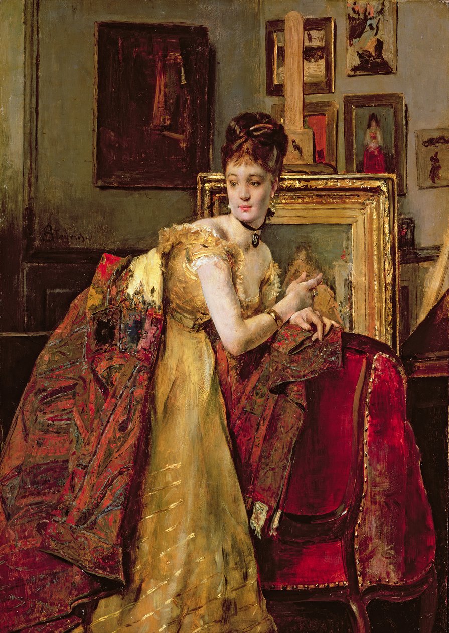 Femme avec un châle indien dans un studio - Alfred Emile Stevens