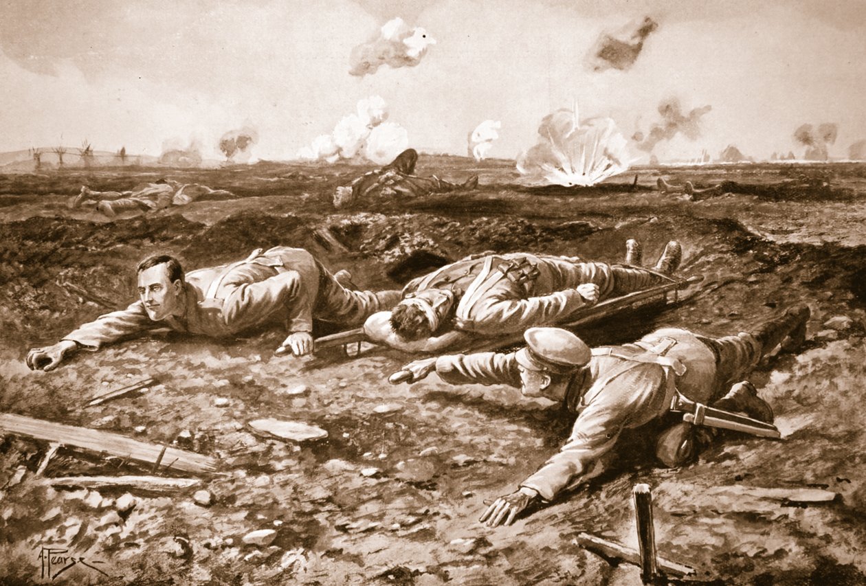 Le caporal Brown et le caporal Dobson traînant un homme blessé sous le feu ennemi vers les lignes britanniques - Alfred Pearse