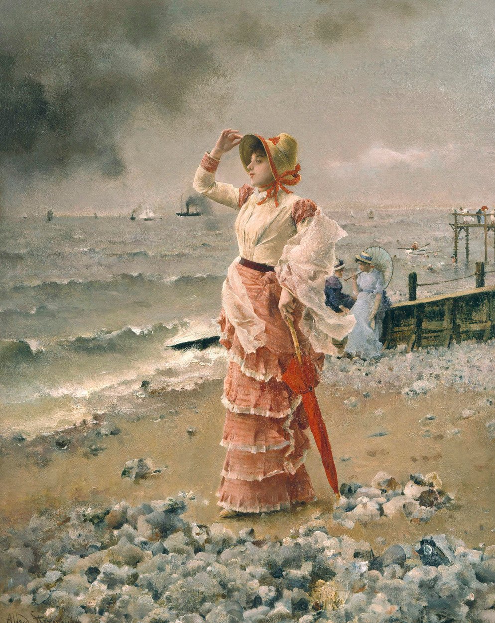 Femme élégante voyant filer un vapeur - Alfred Emile Stevens