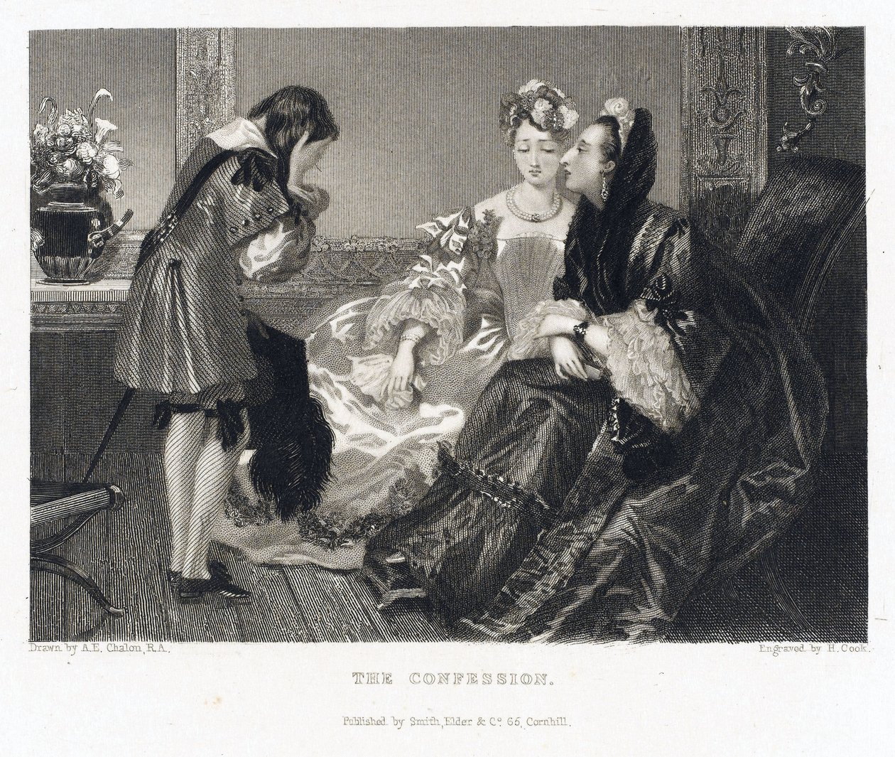 La confession, se rapportant à une histoire du même titre, une femme portant une grande robe noire se penche en avant pour entendre la confession d