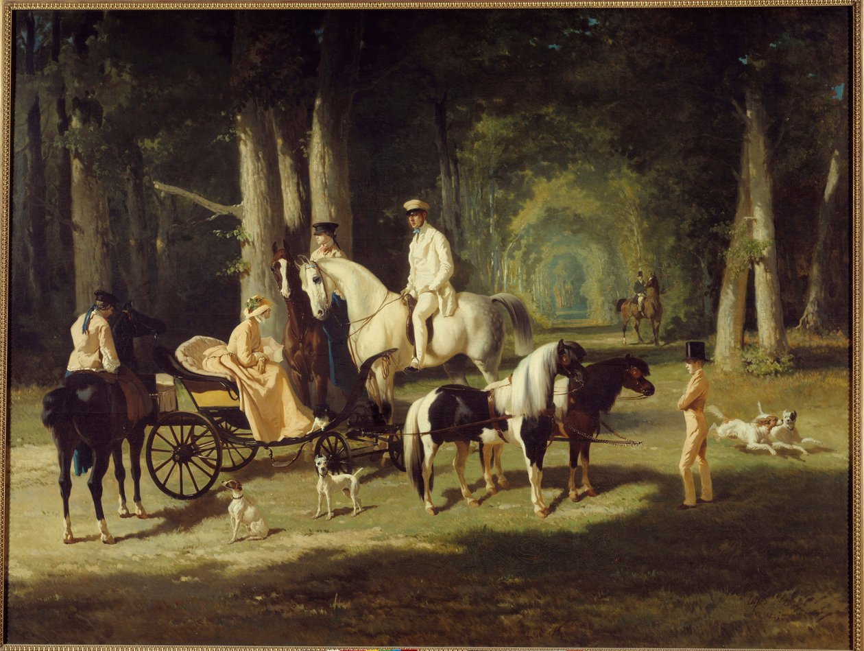 M. et Mme A. Mosselman et leurs deux filles se promenant à cheval dans les bois - Alfred Dedreux