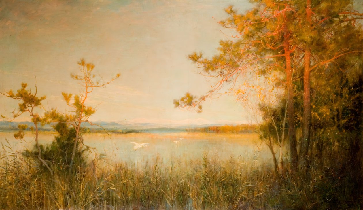 Reedy Mere et collines ensoleillées - Alfred Edward East