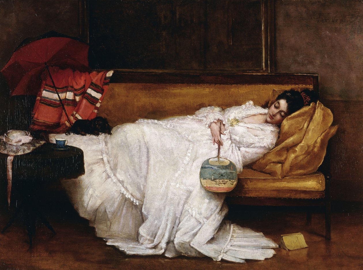Une fille avec un éventail japonais endormie sur un canapé - Alfred Emile Stevens