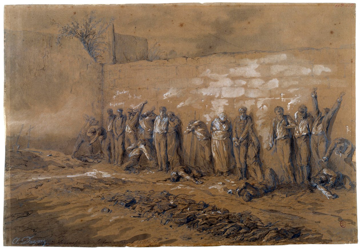 Commune de Paris : exécution de 147 combattants de la Commune sur le mur des Fédérés au Père Lachaise à Paris le 28/05/1871. Dessin à l