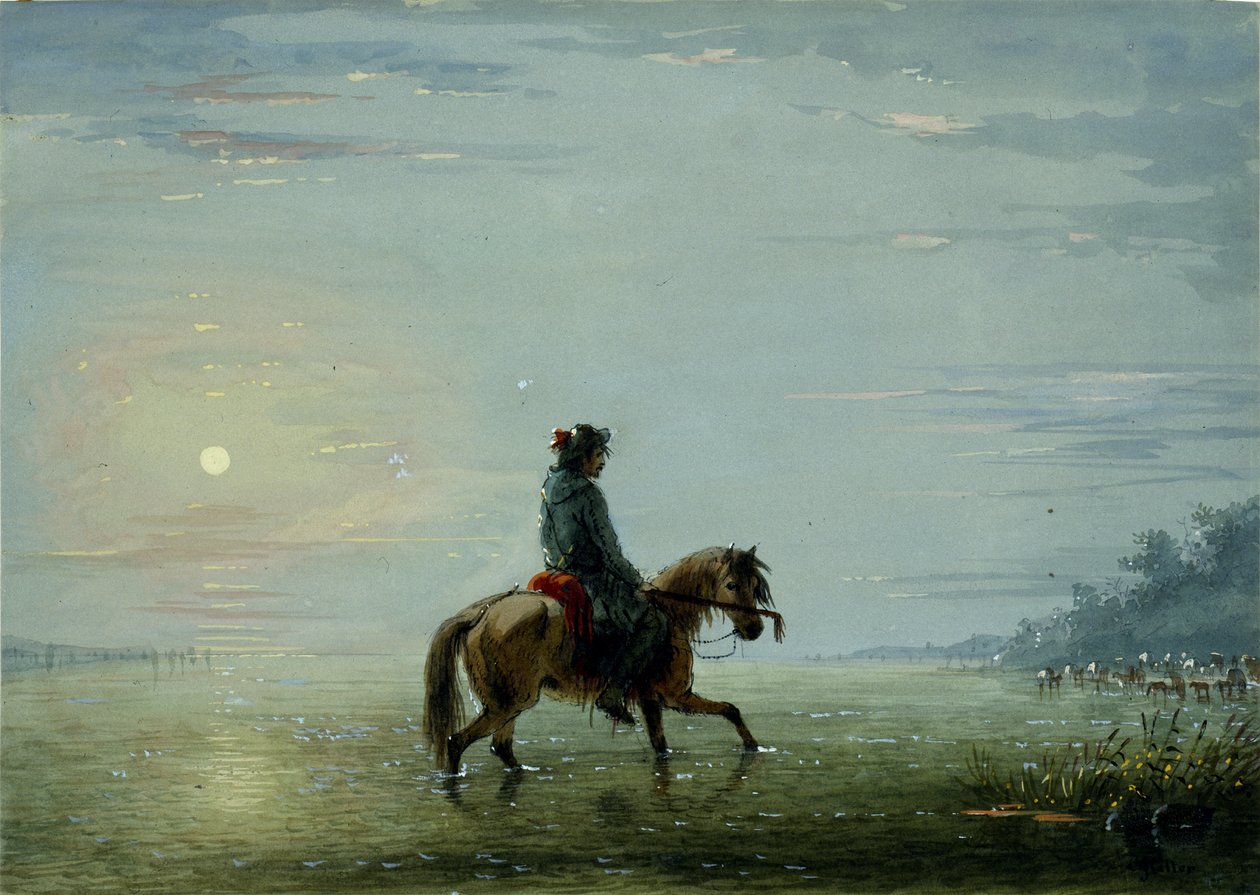 Traversée de la rivière : un trappeur en mesure de sa profondeur - Alfred Jacob Miller