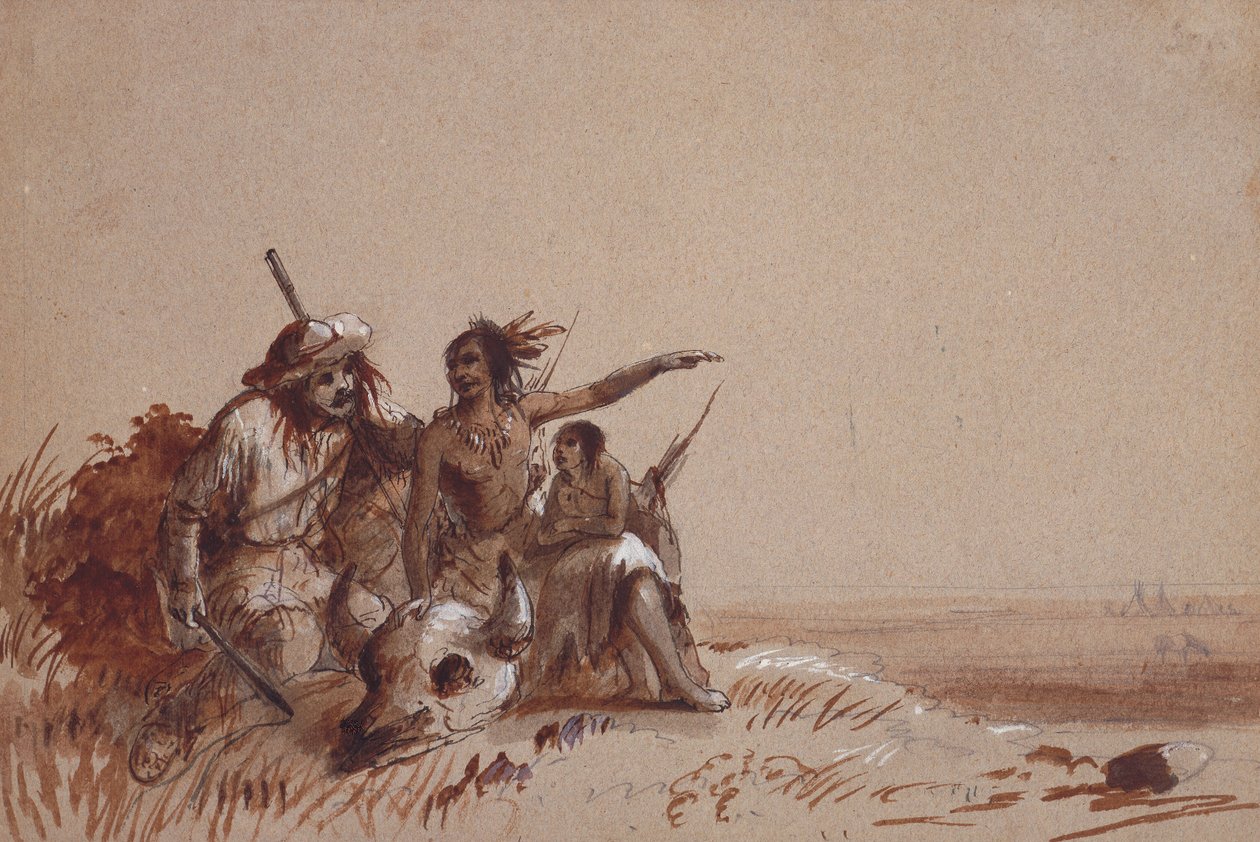 Indien du Kansas racontant à un trappeur, par signes, la migration des bisons, vers 1837 - Alfred Jacob Miller
