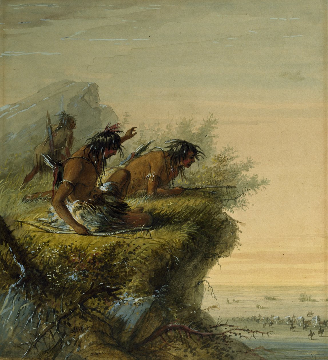 Indiens pawnees observant la caravane - Alfred Jacob Miller