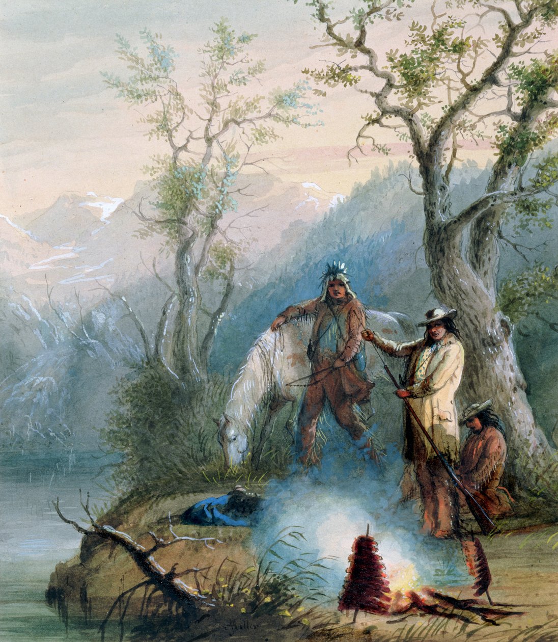 Rôtissage de la côte de bosse, 1837 (aquarelle rehaussée de blanc sur papier) - Alfred Jacob Miller