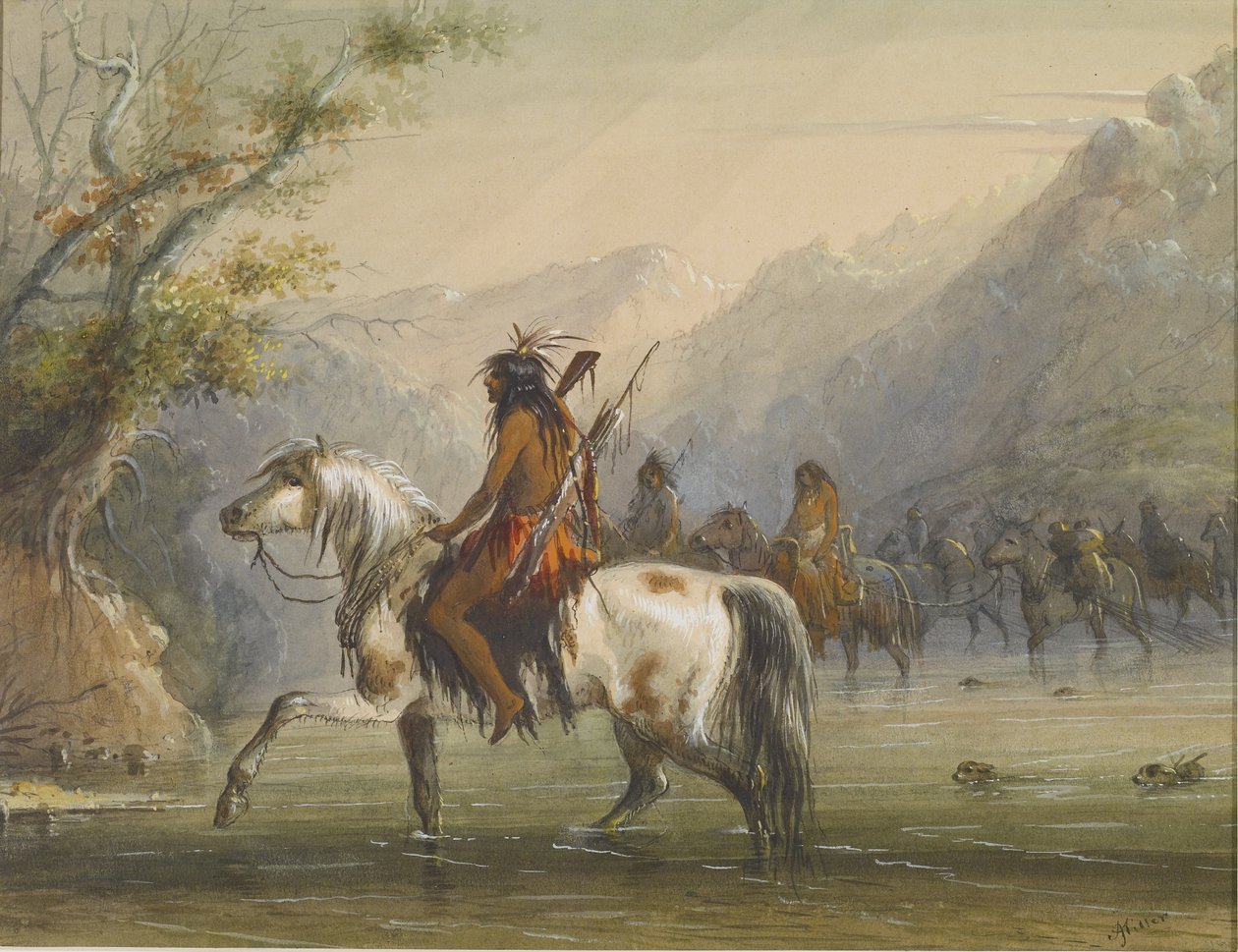 Les Indiens Shoshonee [sic] – Traverser une rivière à gué - Alfred Jacob Miller
