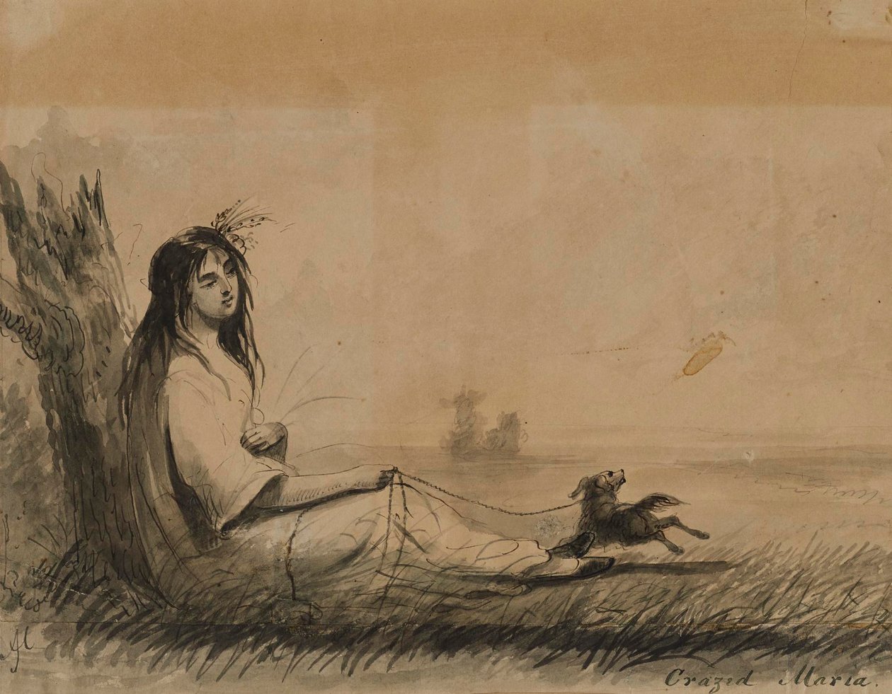 Femmes allongées avec un chien en laisse (d