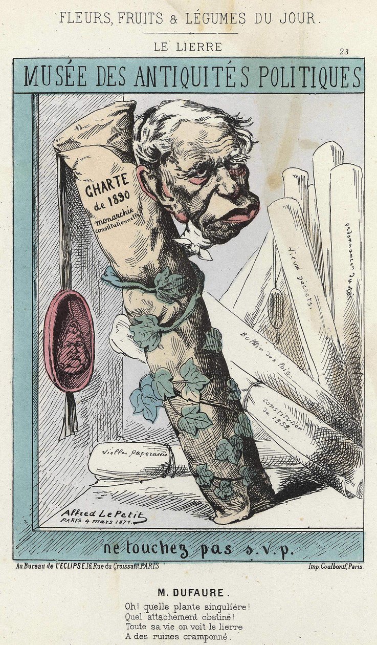 Le Lierre : caricature sur Jules Armand Dufaure (1798-1881) entouré de lierre avec un rouleau de papier portant l