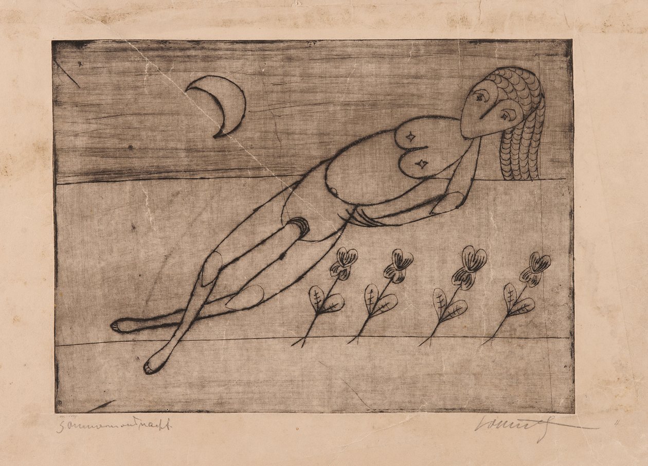 Croissant de lune, fleurs et nu féminin (eau-forte et aquatinte sur papier) - Alfred Lomnitz