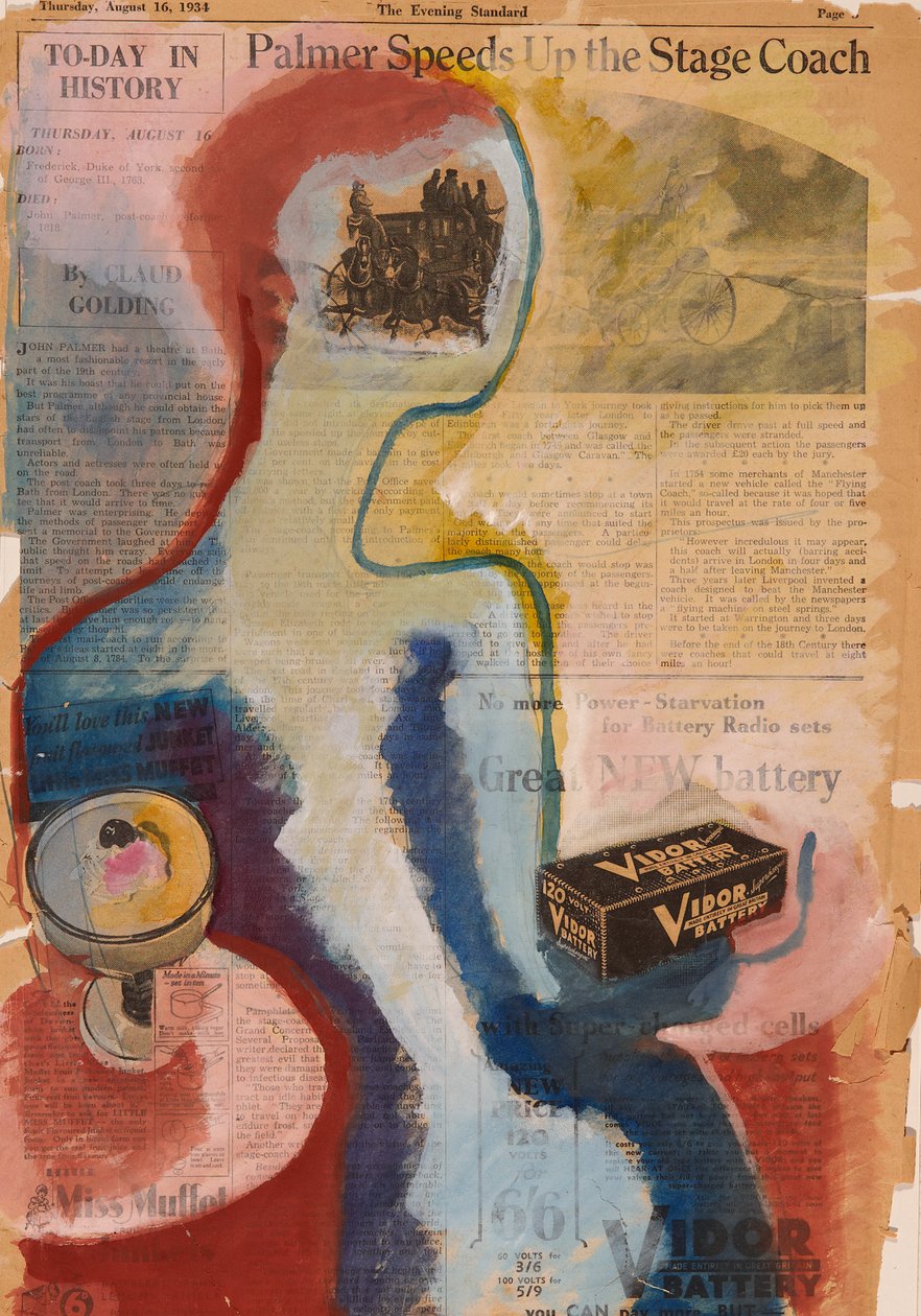 Femme assise à une table (aquarelle sur papier journal et collage) - Alfred Lomnitz