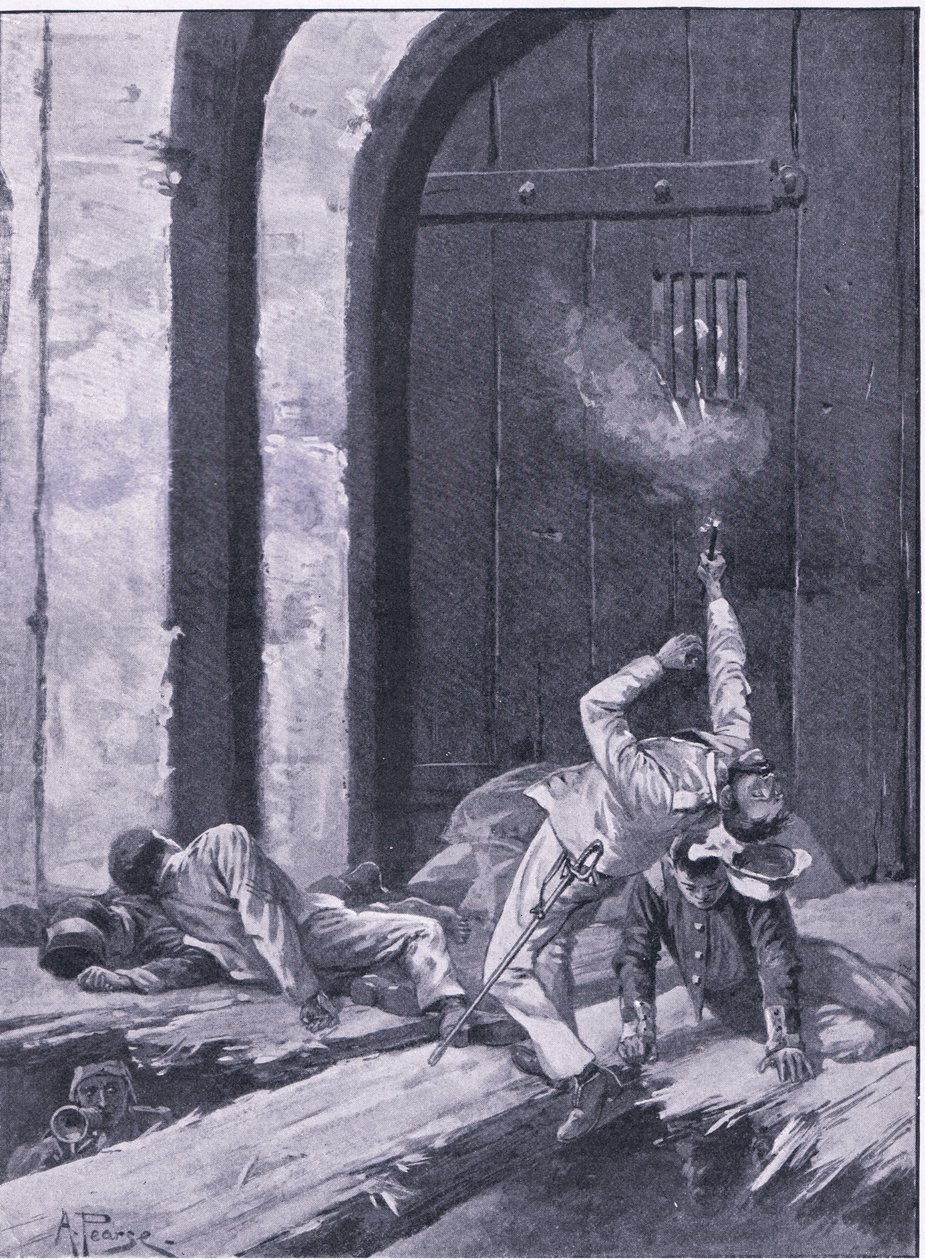 Delhi : Lieutenant Salkeld, ingénieurs du Bengale faisant sauter la porte du Cachemire, illustration de British Battles on Land and Sea, 1915 - Alfred Pearse