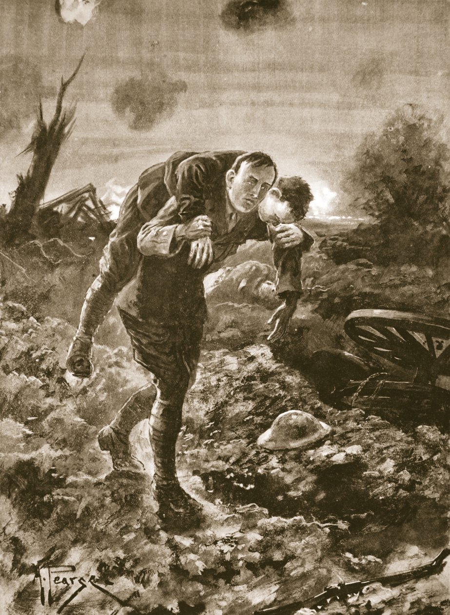 Lieutenant temporaire G. St. G. S. Cather ramenant un homme blessé en pleine vue de l