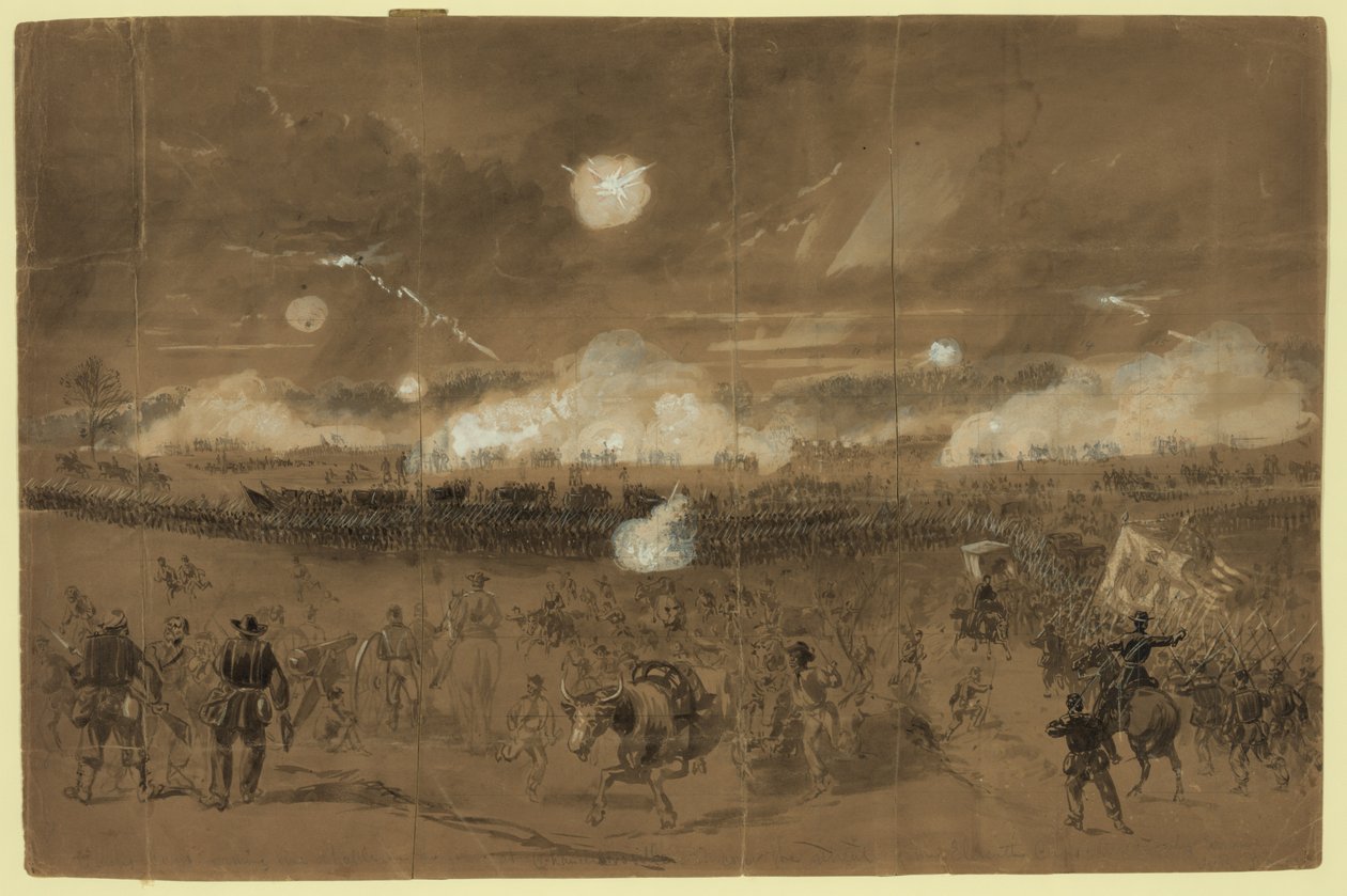 Corps de Couch formant une ligne de bataille dans les champs à Chancellorsville pour couvrir la retraite du onzième corps fuyant honteusement - Alfred R. Waud