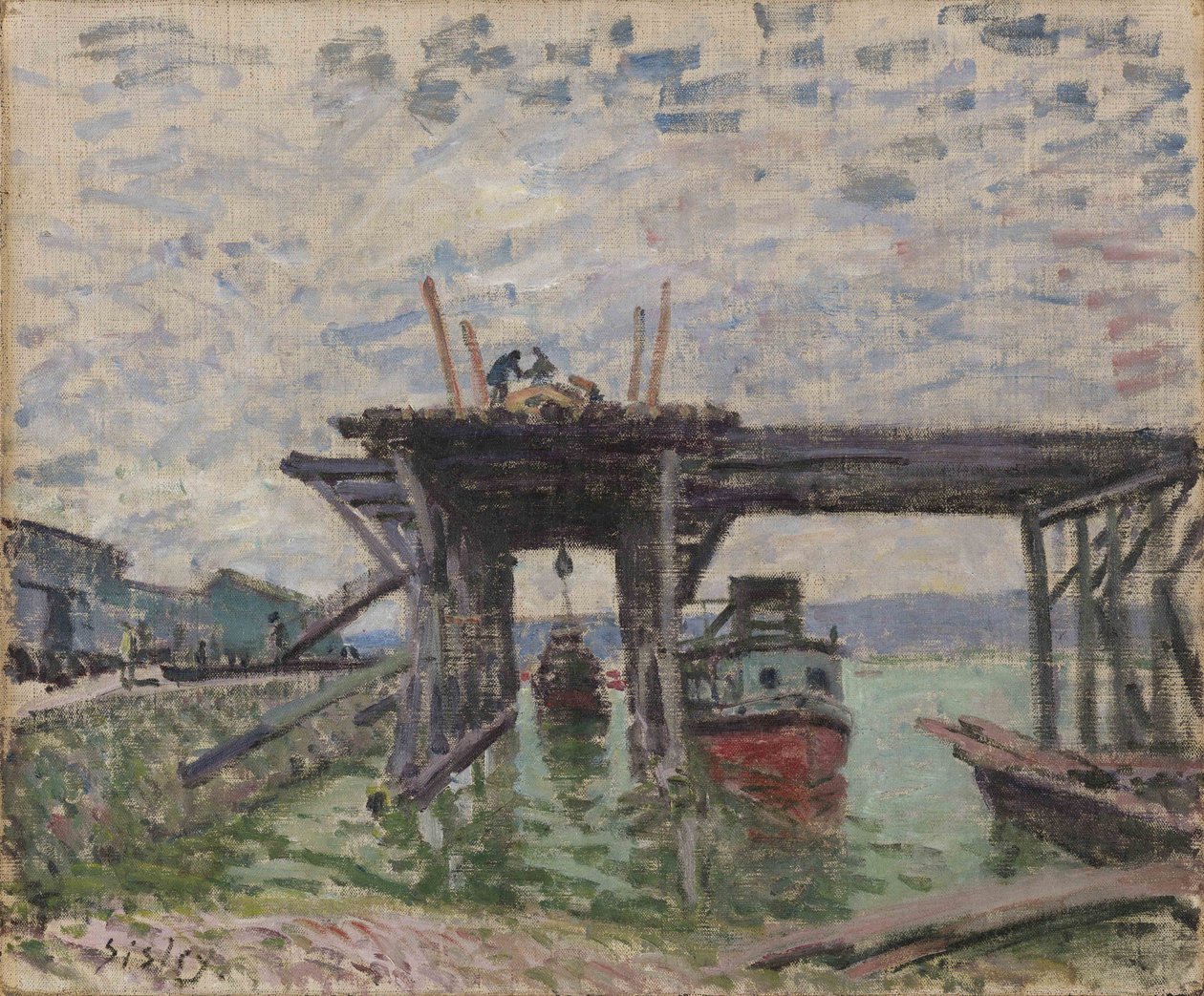 French : Pont en construction The River Boat Garage - Alfred Sisley