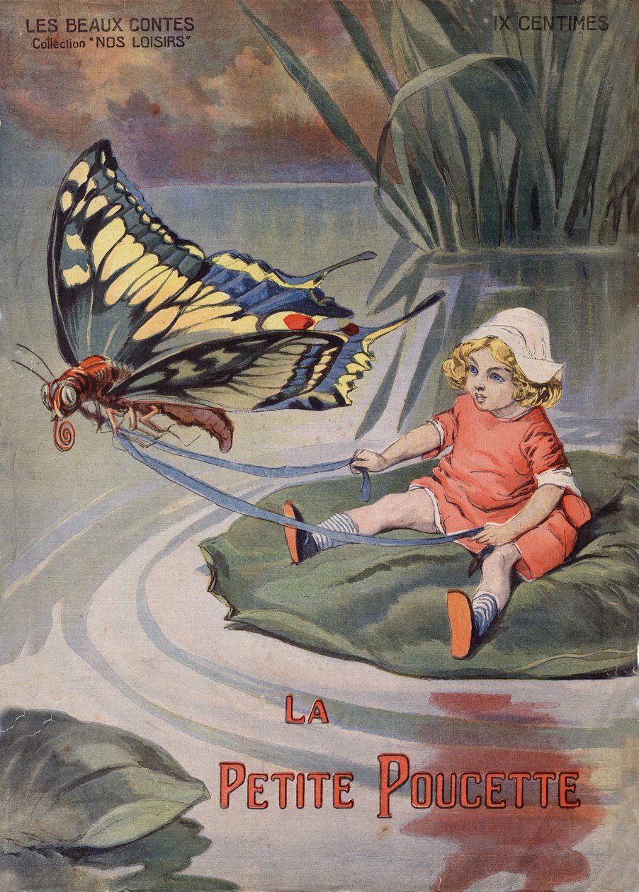La Petite Poucette. Une toute petite fille assise sur un nénuphar tirée par un papillon. Conte de Hans Christian Andersen. Illustration de Vaccari et Carrey dans la collection 