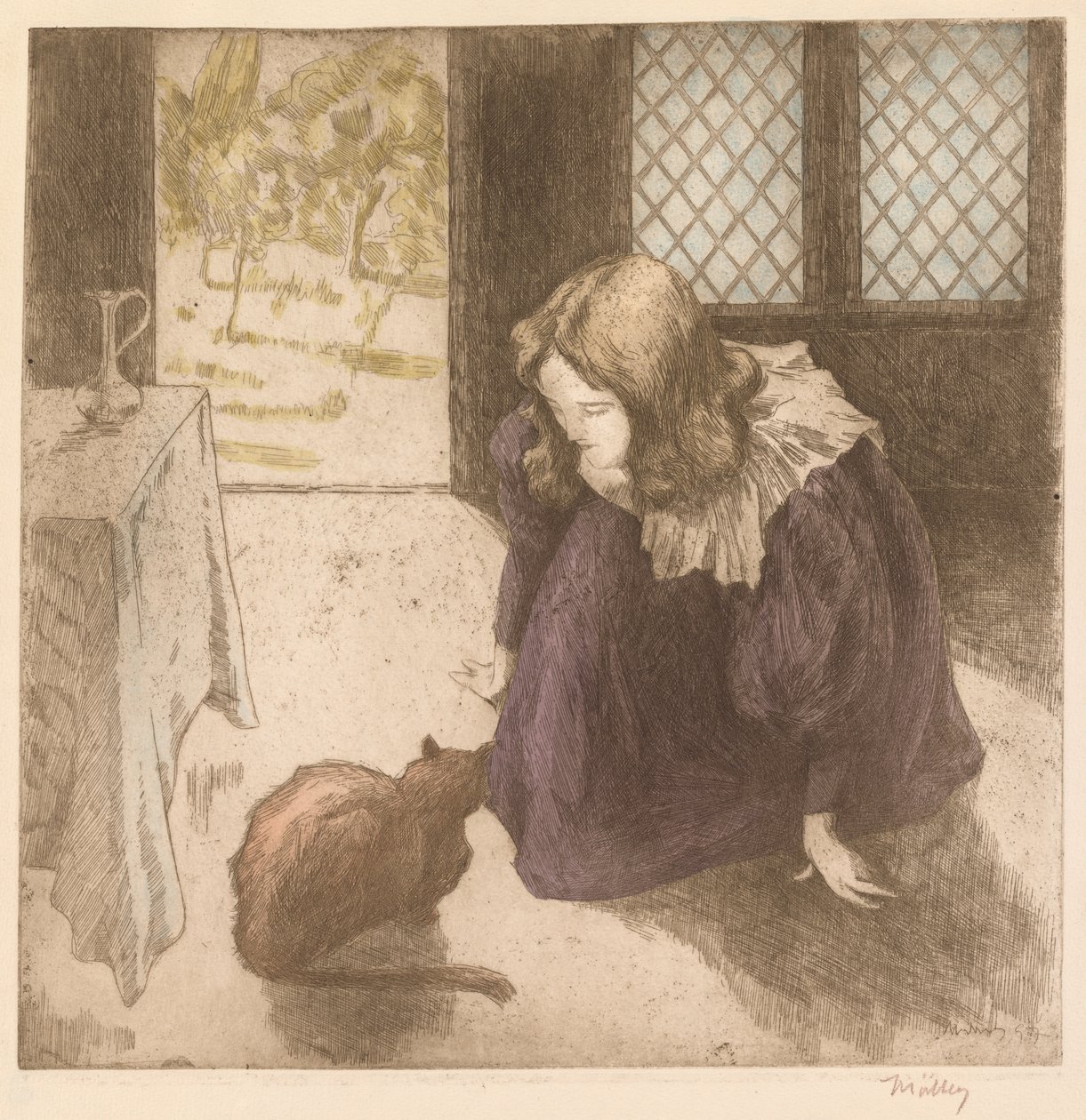 Intérieur, Petite Fille avec Chat - Alfredo Müller