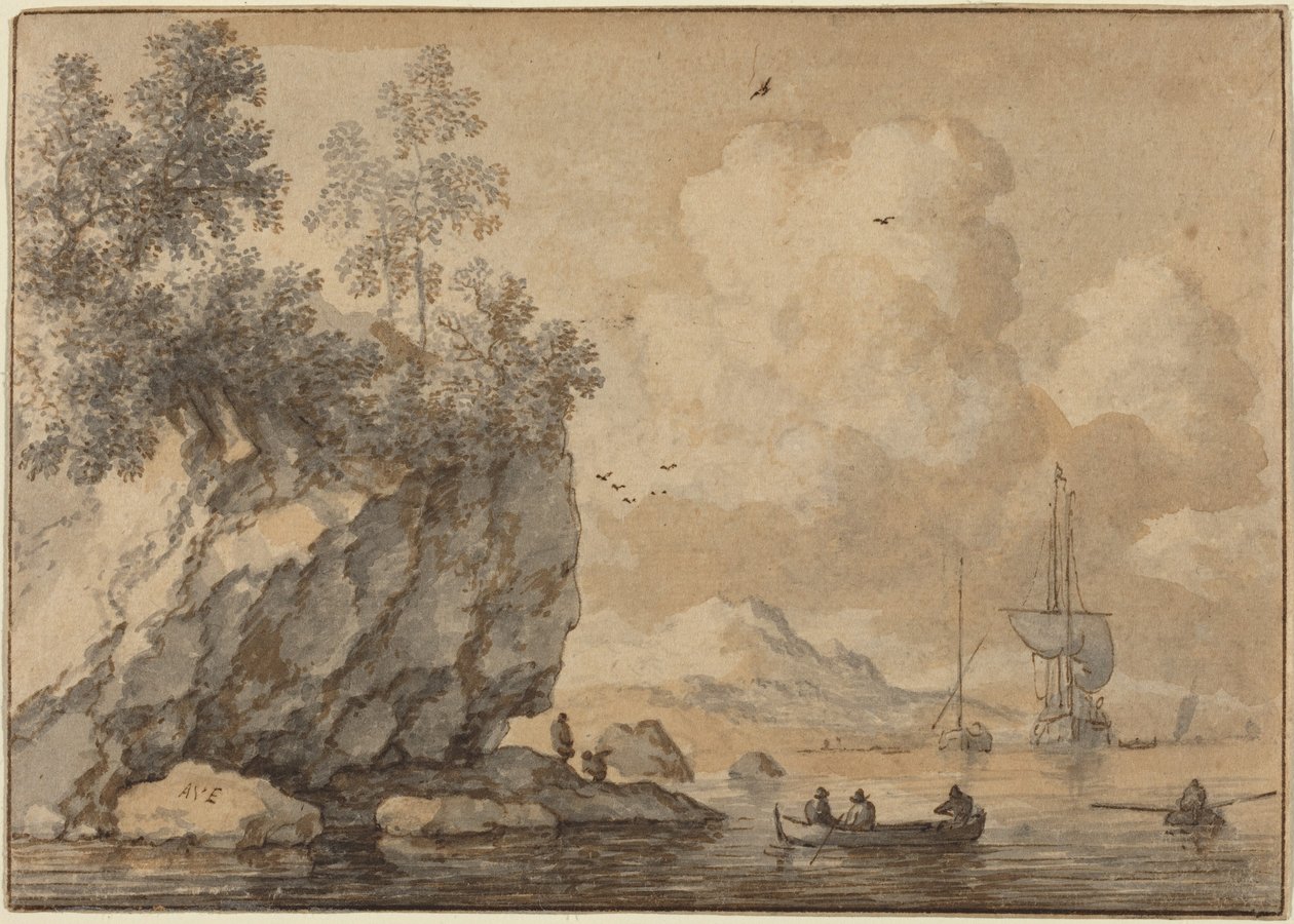 Personnages dans des barques à rames dans une crique rocheuse, voiliers au loin - Allart van Everdingen