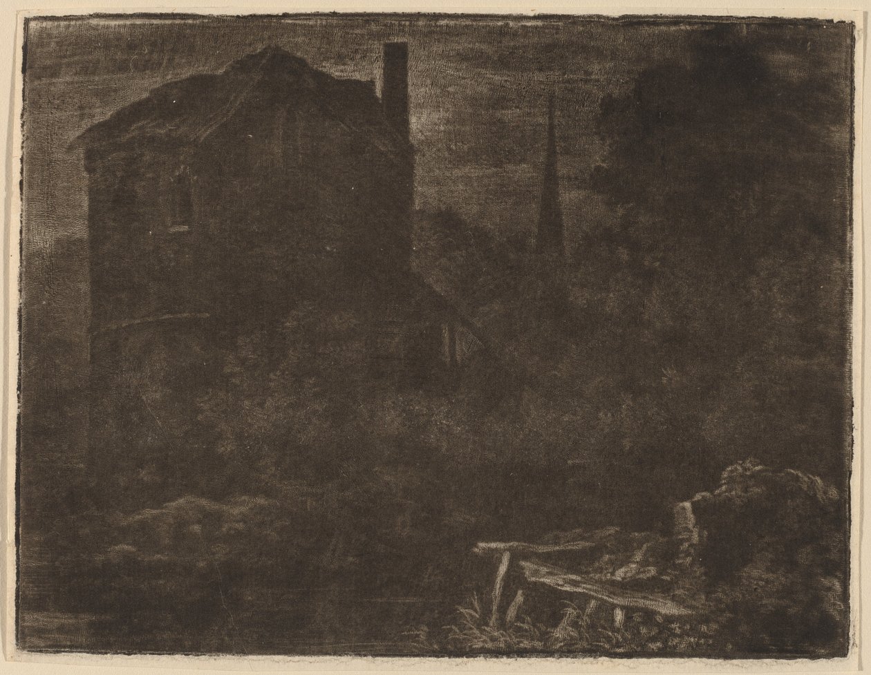 Paysage nocturne avec maison et clocher d