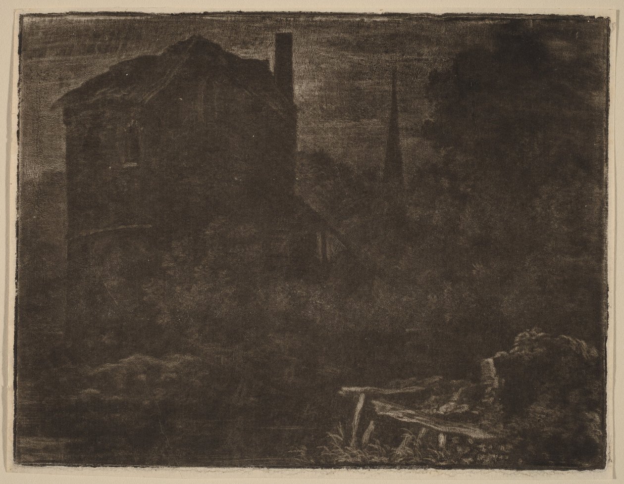 Paysage nocturne avec maison et flèche d