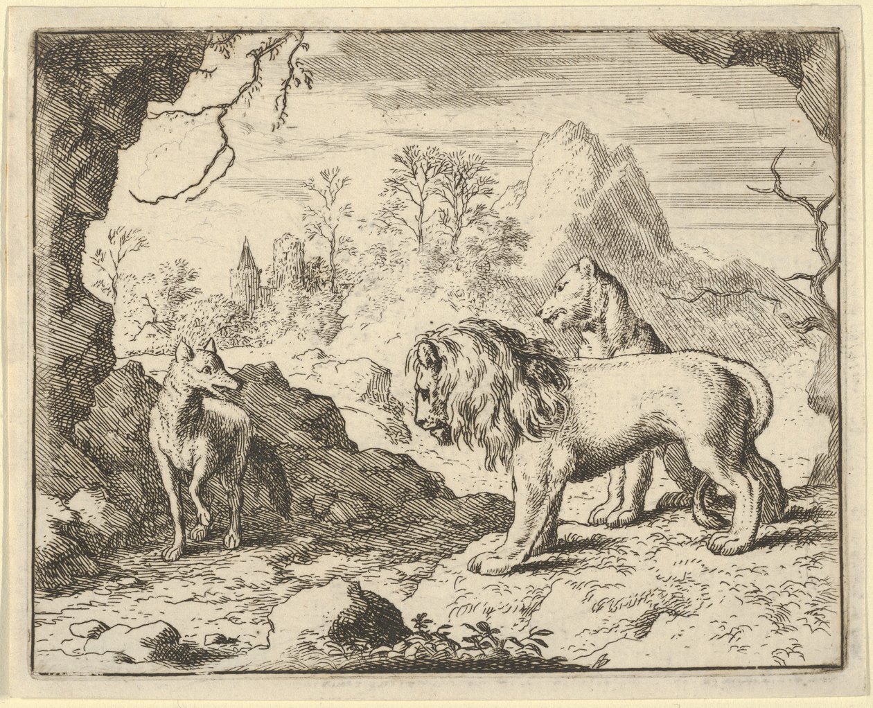Renard convainc le lion et la lionne de trouver un trésor que son père leur a volé... - Allart van Everdingen