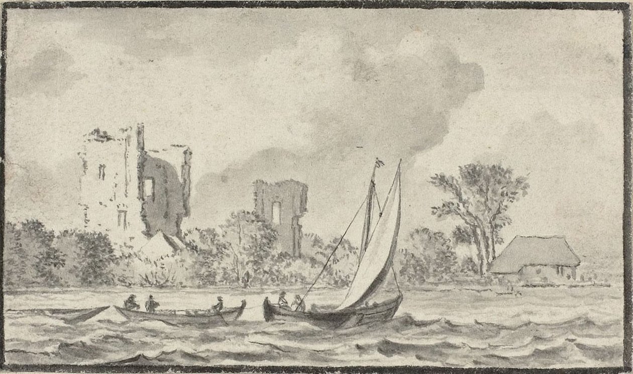 Trois bateaux sur une rivière avec des ruines le long du rivage - Allart van Everdingen
