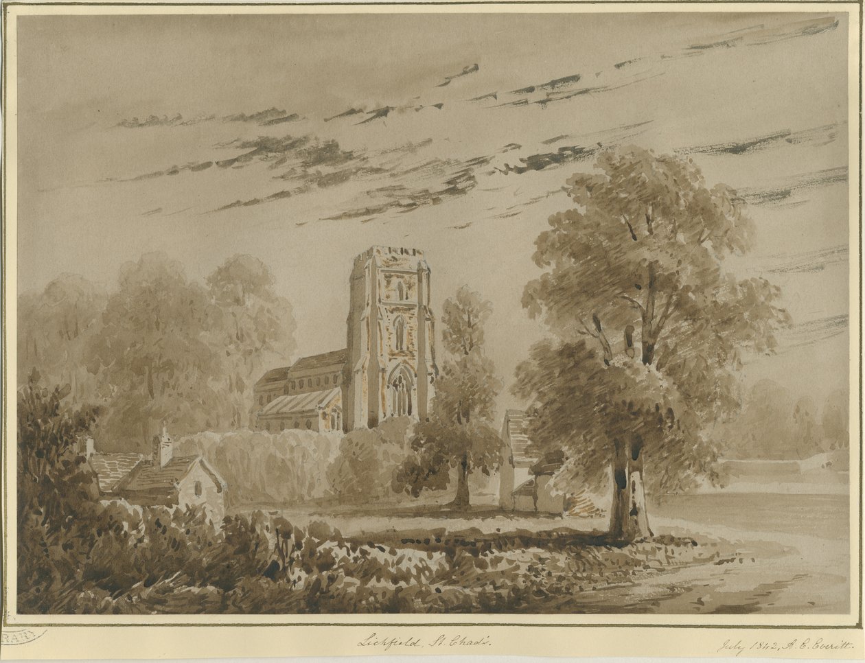 Lichfield - Église Saint-Chad : dessin sépia rouge, juillet 1842 - Allen Edward Everitt