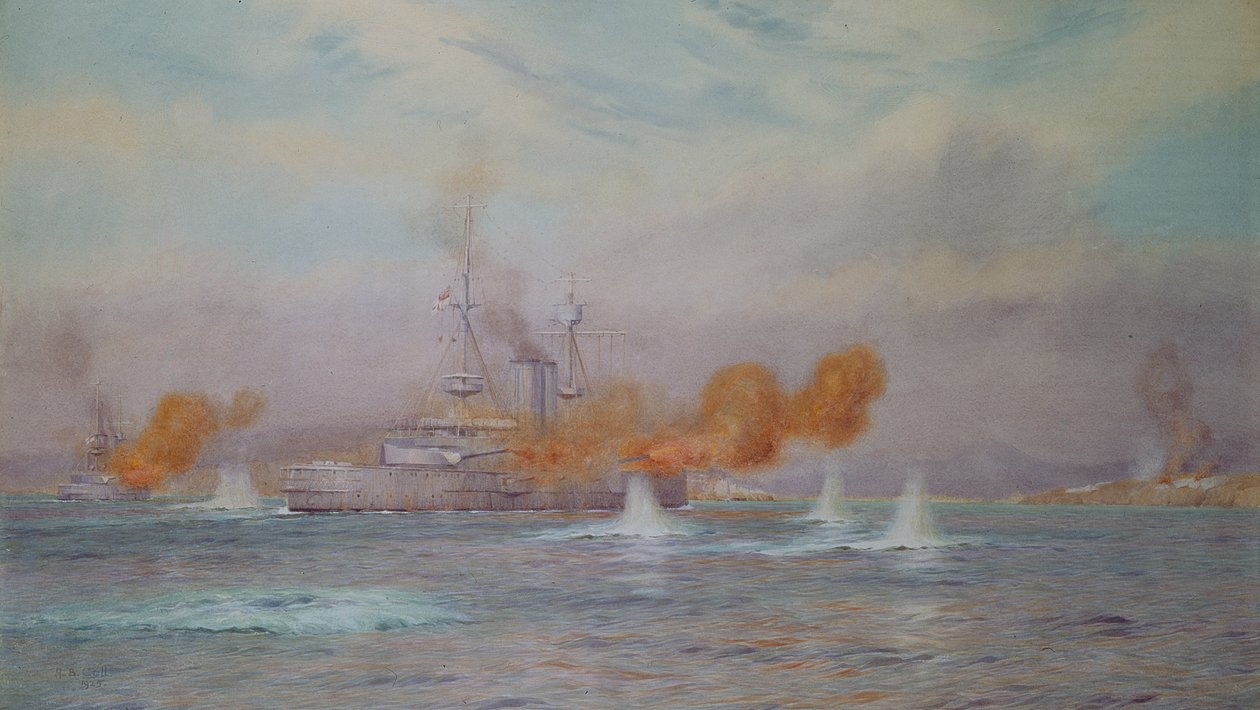 H.M.S. Albion commandé par le capitaine A. Walker-Heneage achevant la destruction des forts extérieurs des Dardanelles en 1915, 1925 - Alma Claude Burlton Cull