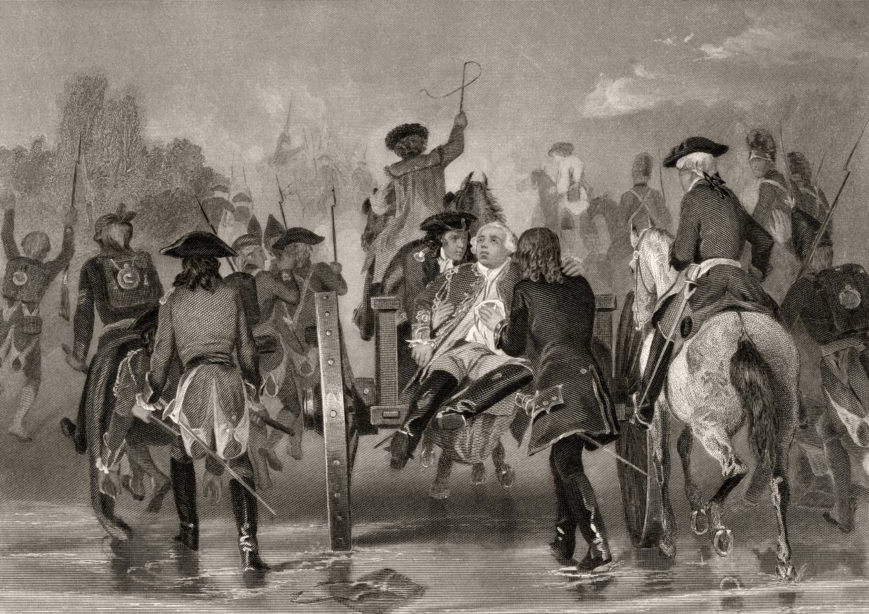 Le général Edward Braddock mortellement blessé se retire de la rivière Monongahela en 1755 après une attaque des forces françaises et indiennes, de 