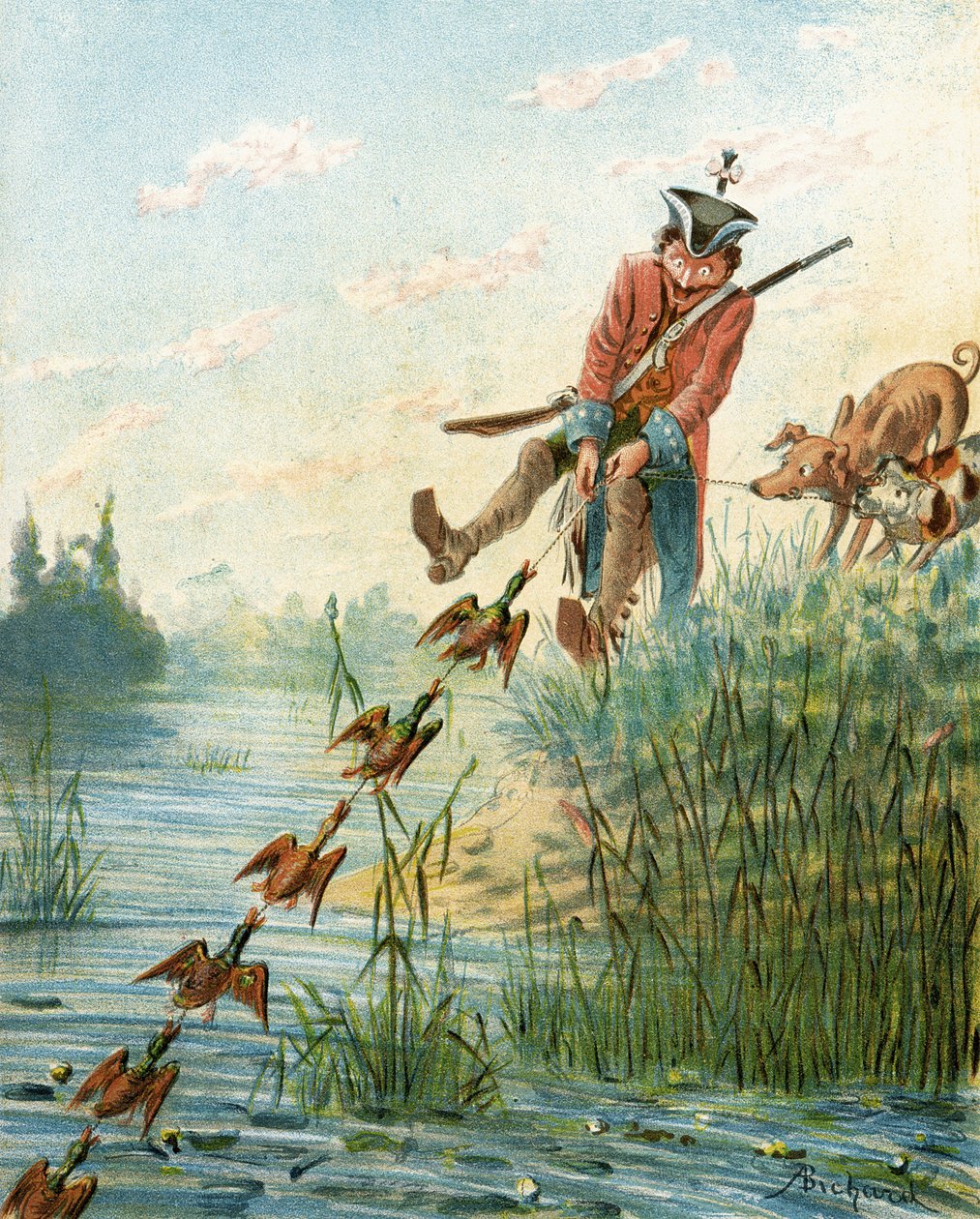 Baron Munchausen attrapant des canards avec du lard, de 