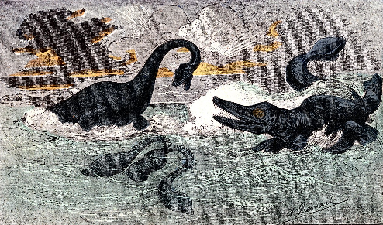 Période Lias (Jurassique Inférieur) : Plésiosaure et Ichtyosaure, création naturelle et êtres vivants (par Jules Rengade) Dessin par A. Demarle. 1885 - Alphonse Demarle